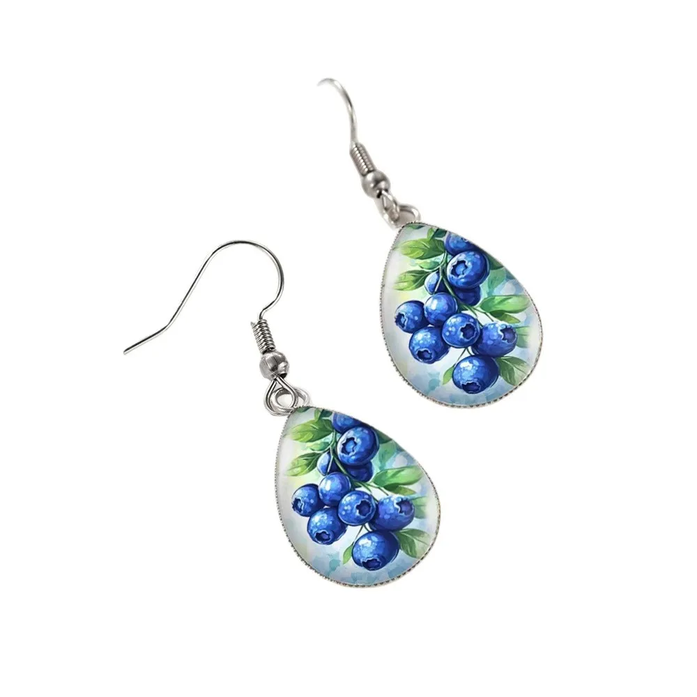 Blueberry Teardrop Handmade Glass Earrings – 1 Pair Unisex Drop Earrings, Artisan Berry-Inspired Jewelry for Men & Women